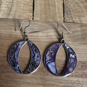 Vintage Hook Earrings 2 Inch Purple Abalone Inlay Mexico Alpaca Metal Alloy‎